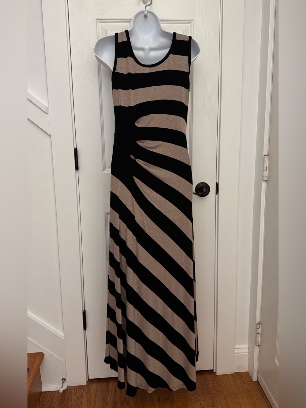 Calvin Klein Black and Taupe Striped Sleeveless Maxi Dress